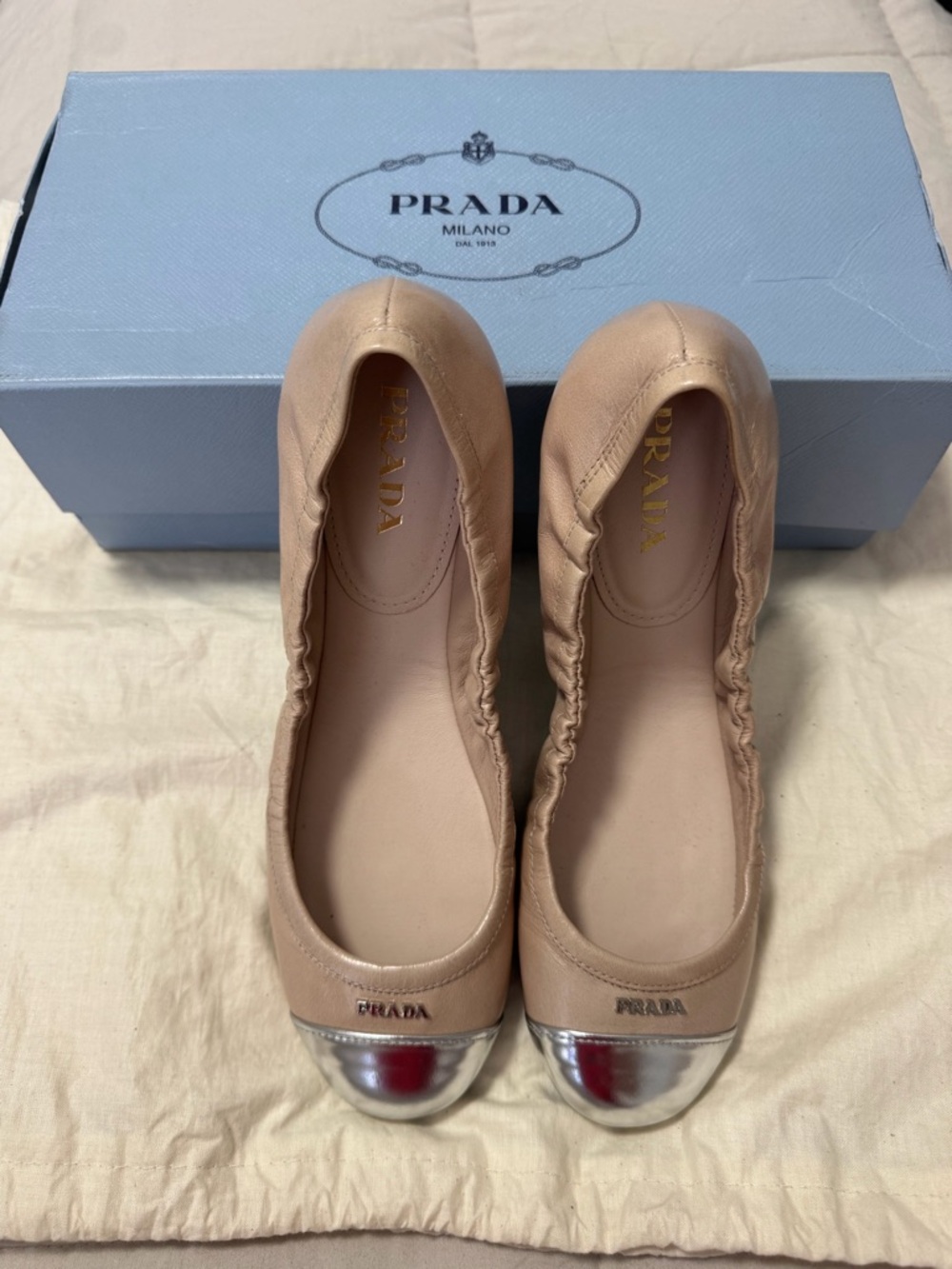 Prada Blush Leather Ballet Flats with Silver Toe Cap